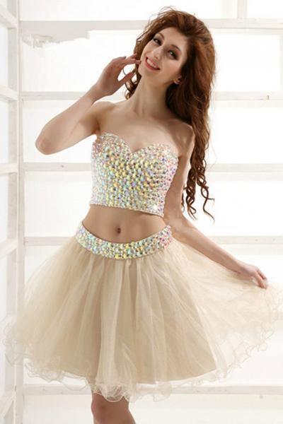 Stunning Two Piece Short Tulle Beaded Sweet Homecoming/Party Dress PD119 - Pgmdress