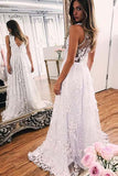 Sweep-train A-line White Lace V-neck Prom Dress Evening Dress  PG417
