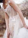 Sweet A-line V Neck Open Back Tulle Ivory Wedding Dresses with Appliques WD477 - Pgmdress
