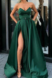 Sweetheart A-Line Split Front Dark Green Long Prom Dress with Belt Pockets PG832