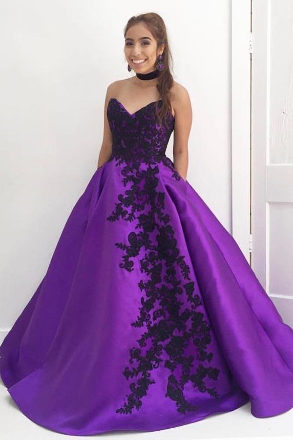 Sweetheart Ball Gown Purple Long Prom Dress with Black Appliques PG544 - Pgmdress
