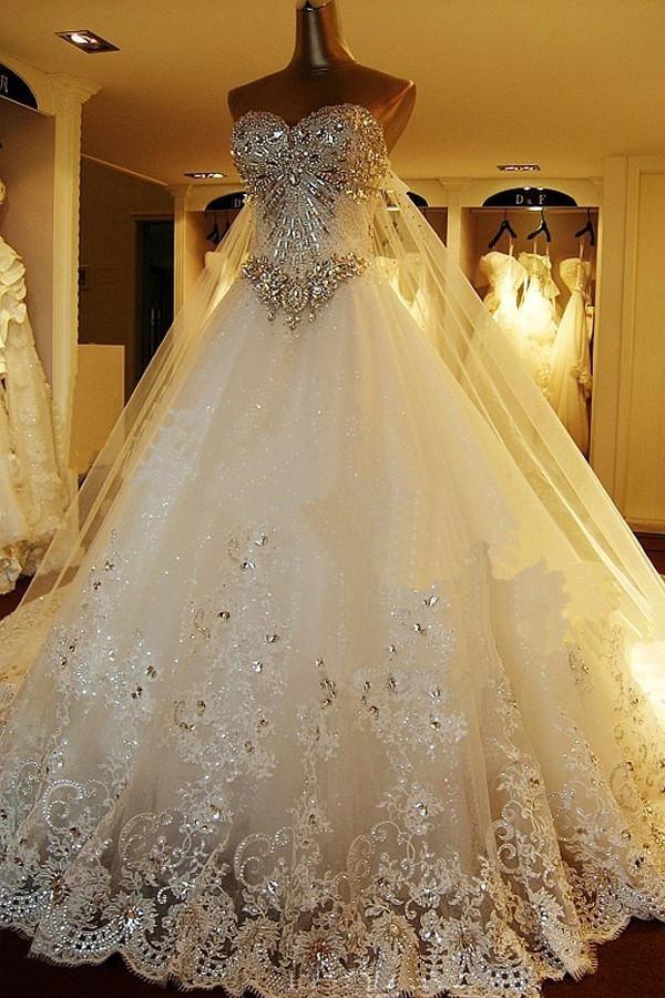 Sweetheart Ball Gown Watteau Train Wedding Dress with Appliques Beading WD022 - Pgmdress
