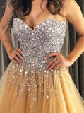 Sweetheart Champagne Tulle Sweep Train Prom Evening Dresses with Beading PSK179 - Pgmdress