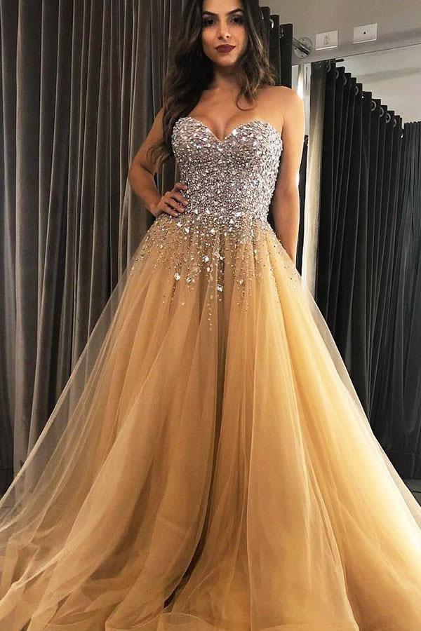Sweetheart Champagne Tulle Sweep Train Prom Evening Dresses with Beading PSK179 - Pgmdress