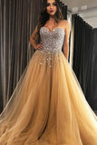 Sweetheart Champagne Tulle Sweep Train Prom Evening Dresses with Beading PSK179