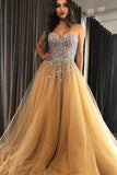 Chérie Champagne Tulle balayage train robes de soirée de bal avec perles PSK179