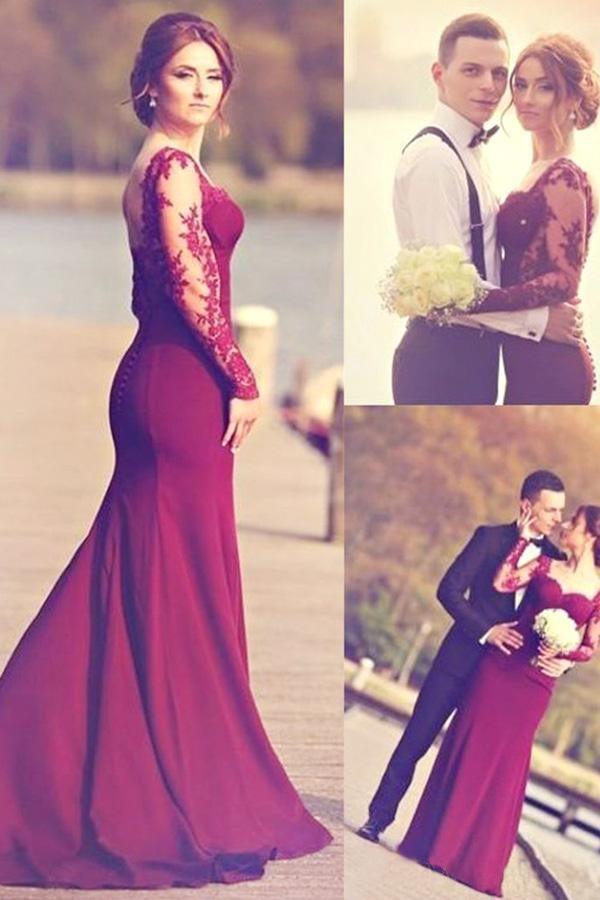 Sweetheart Long Sleeve Satin Prom Dresses With Lace Appliques PG310 - Pgmdress