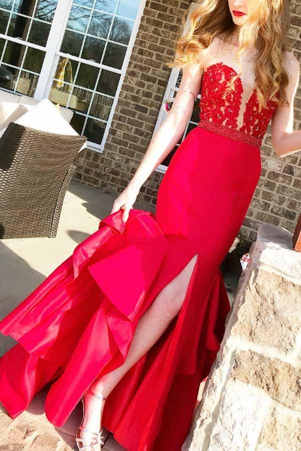 Sweetheart Red Mermaid Appliques Long Prom Dress with Side Split PM218 - Pgmdress