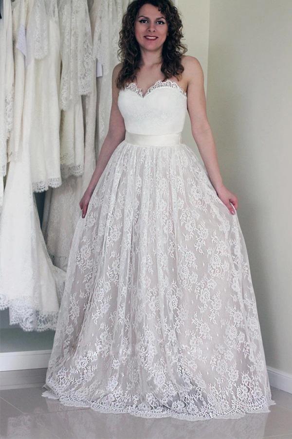 Sweetheart Sleeveless Long White Wedding Dress with Lace WD053 - Pgmdress