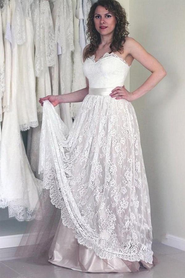 Sweetheart Sleeveless Long White Wedding Dress with Lace WD053 - Pgmdress