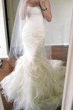 Sweetheart Sweep Train Tiered Mermaid Ivory Wedding Dress Ruched WD162 - Pgmdress