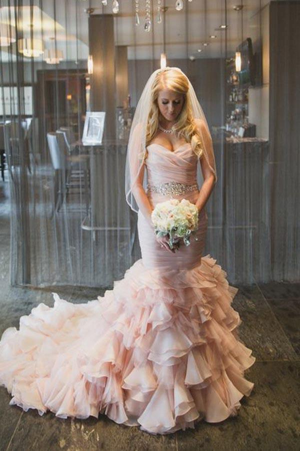 Sweetheart Tiered Train Organza Mermaid Wedding Dress with Beading WD160 - Pgmdress