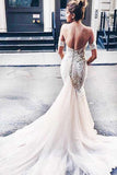 Sweetheart Watteau Train Mermaid Wedding Dress with White Lace WD270 - Pgmdress