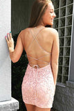 Tie Back Appliqued Sheath Pink Short Prom Dress Homecoming Dress PD327 - Pgmdress