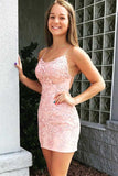 Tie Back Appliqued Sheath Pink Short Prom Dress Homecoming Dress PD327 - Pgmdress