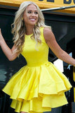 Tiered Skirt Yellow Homecoming Dresses Short Prom Dress Satin Prom Gown    PD372