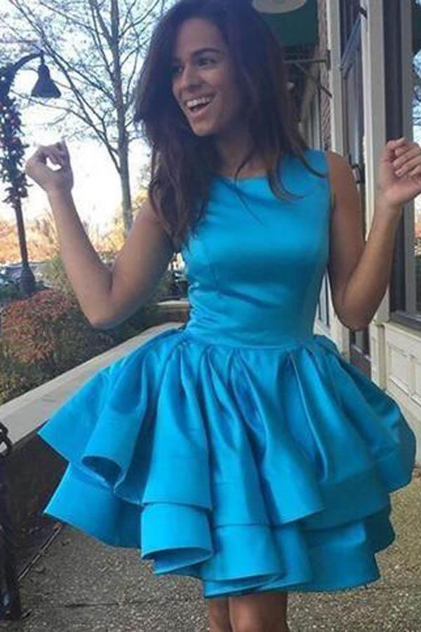 Tiered Skirt Yellow Homecoming Dresses Short Prom Dress Satin Prom Gown PD372 - Pgmdress