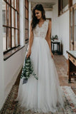 Top Lace Simple Tulle Beach Wedding Dress Bridal Gown With V Back  WD452