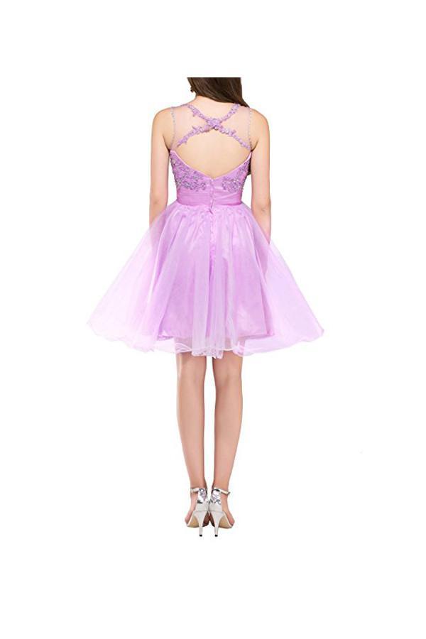 Tulle Appliques Beads Open Back Short Homecoming Dresses PG055 - Pgmdress
