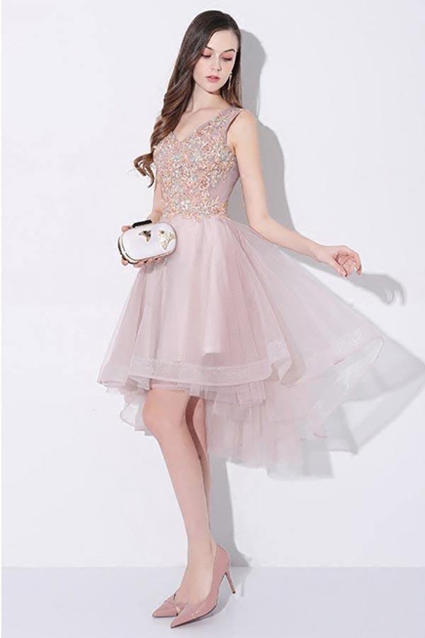 Tulle High Low V-neck Homecoming Prom Dress Sleeveless PD093 - Pgmdress