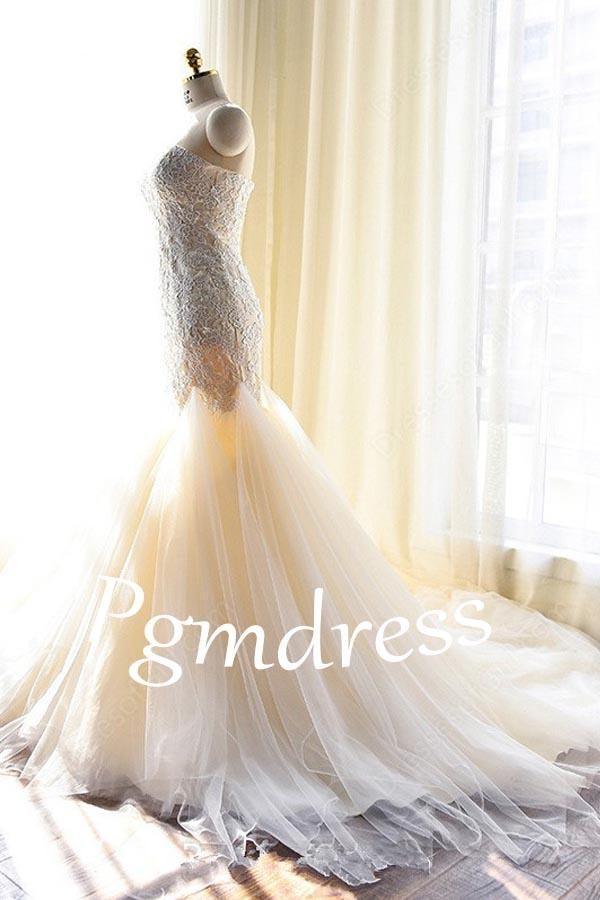 Tulle Mermaid Gorgeous Lace-Appliques Sweetheart Wedding Dress WD127 - Pgmdress