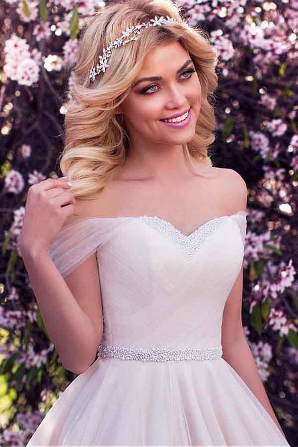 Tulle Off-the-shoulder Neckline A-line Wedding Dress With Beading WD215 - Pgmdress