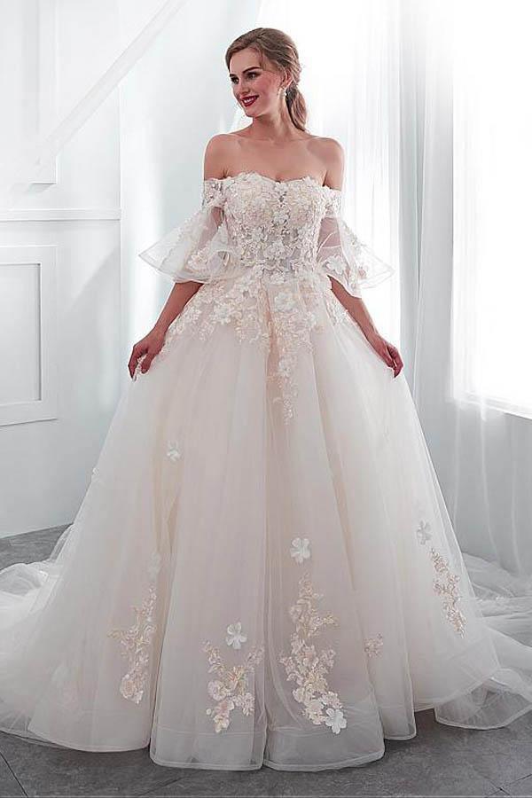 Tulle Off-the-shoulder Neckline A-line Wedding Dress With Lace Appliques WD300 - Pgmdress