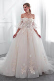 Tulle Off-the-shoulder Neckline A-line Wedding Dress With Lace Appliques   WD300
