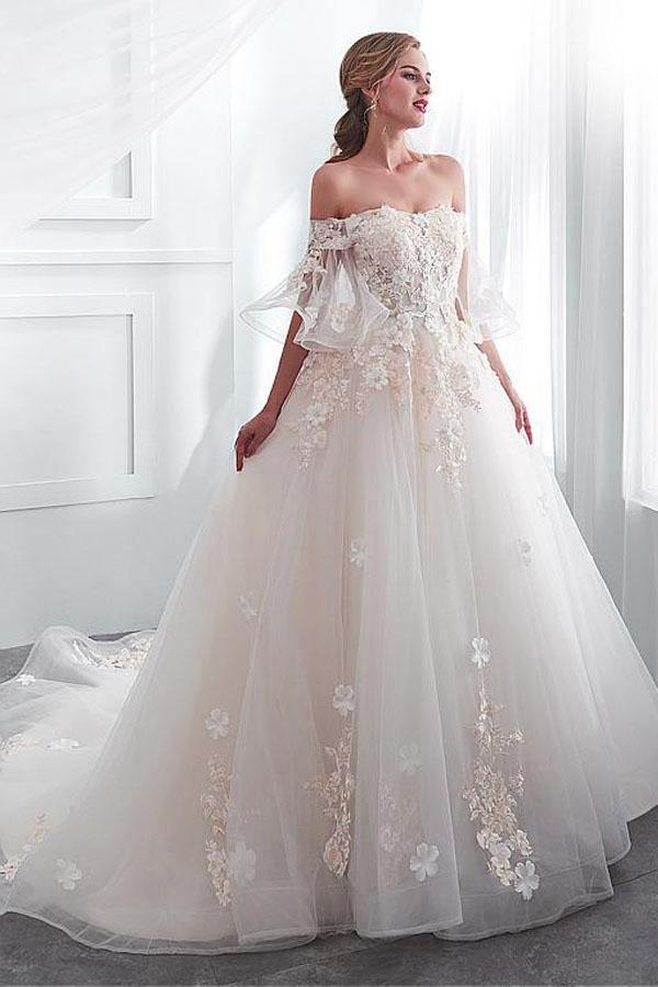 Tulle Off-the-shoulder Neckline A-line Wedding Dress With