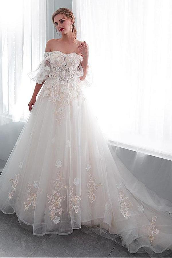 Tulle Off-the-shoulder Neckline A-line Wedding Dress With Lace Appliques WD300 - Pgmdress