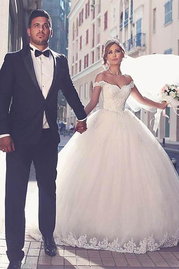 Tulle Off-the-shoulder Neckline Ball Gown Wedding Dress With Lace Appliques WD298 - Pgmdress