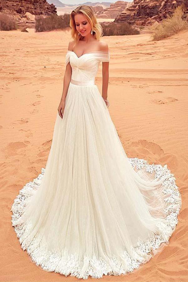 Tulle Off-the-shoulder Neckline Wedding Dress With Lace Appliques WD201 - Pgmdress