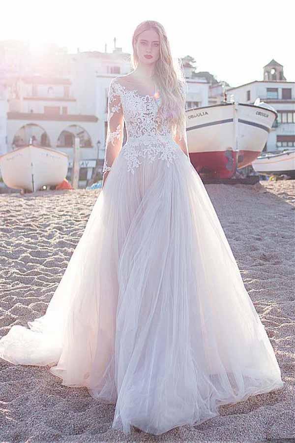 Tulle Scoop Neckline A-line Wedding Dress With Lace Appliques WD188 - Pgmdress
