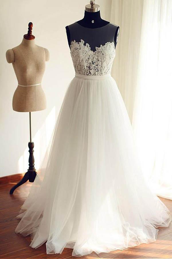 Tulle Scoop Neckline A-line Wedding Dresses With Lace Appliques WD251 - Pgmdress