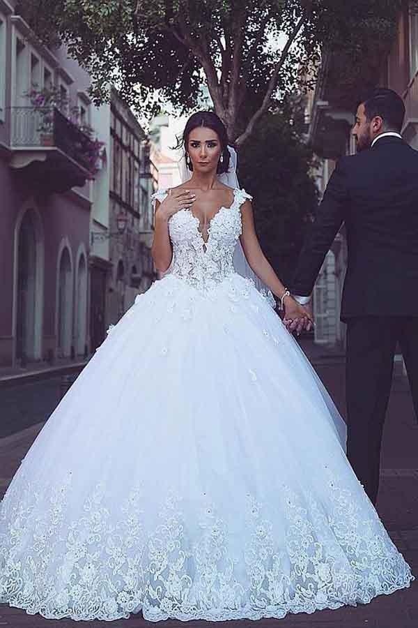 Tulle V-neck Neckline Ball Gown Wedding Dresses With Lace Appliques WD282 - Pgmdress