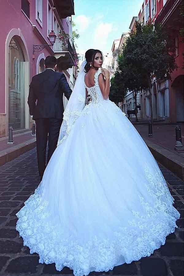 Tulle V-neck Neckline Ball Gown Wedding Dresses With Lace Appliques WD282 - Pgmdress