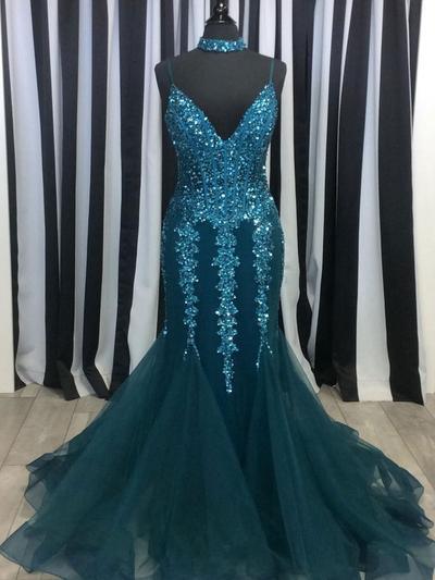 Turquoise See Through V Neck Mermaid Long Evening Prom Dresses PG582 - Pgmdress