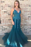 Turquoise See Through V Neck Mermaid Long Evening Prom Dresses PG582