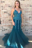 Turquoise See Through V Neck Mermaid Long Evening Prom Dresses PG582 - Pgmdress