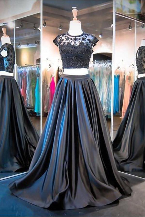 Two Piece A-line Black Cap Sleeve Prom Dresses Evening Dresses PG291 - Pgmdress