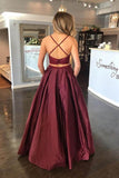 Two Piece A-Line Burgundy Satin Lace Top Spaghetti Straps Prom Dress PSK109 - Pgmdress