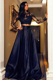 Two Piece Bateau Sweep Train Navy Blue Prom Dress with Appliques PG662 - Pgmdress