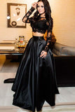 Two Piece Bateau Sweep Train Black Prom Dress with Appliques PG662