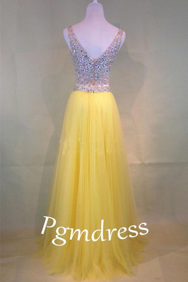 Two-Piece Beaded Sleeveless V-Neck Tulle Yellow Prom Dresses PG380 - Pgmdress