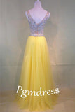 Two-Piece Beaded Sleeveless V-Neck Tulle Yellow Prom Dresses PG380 - Pgmdress