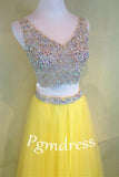 Two-Piece Beaded Sleeveless V-Neck Tulle Yellow Prom Dresses PG380 - Pgmdress