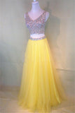 Two-Piece Beaded Sleeveless V-Neck Tulle Yellow Prom Dresses PG380 - Pgmdress