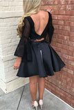 Two Piece Black Long Sleeve Lace Homecoming Dress Party Dress PG187 - Pgmdress