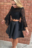 Two Piece Black Long Sleeve Lace Homecoming Dress Party Dress PG187