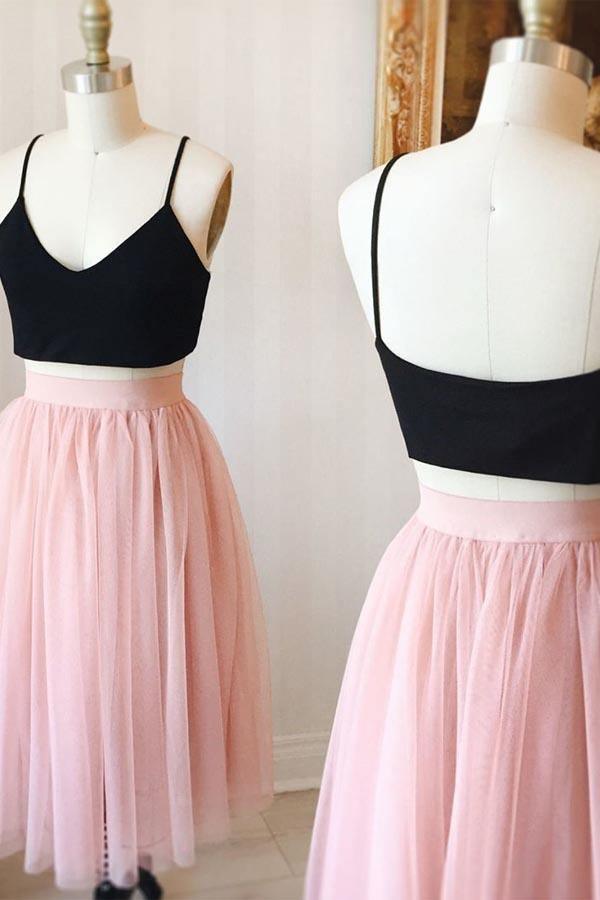 Two Piece Cute Pink Knee Length Tulle Homecoming Dresses For Teens PD124 - Pgmdress